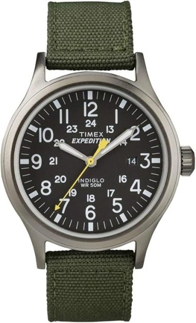 Reloj Timex Expedition Scout con correa verde de tela y esfera negra con números blancos. 