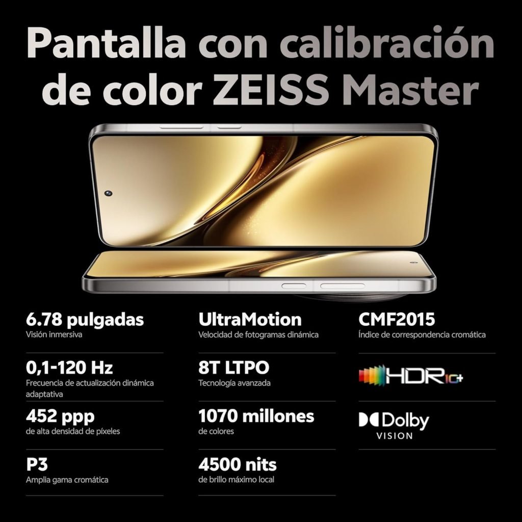 Características de la pantalla del Vivo X200 Pro con calibración de color ZEISS Master, HDR10+ y Dolby Vision. 