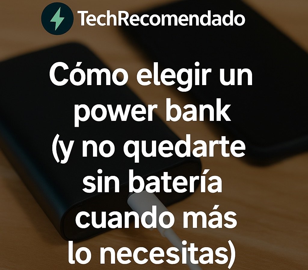 Ilustración con branding de TechRecomendado que muestra un power bank conectado a varios dispositivos electrónicos