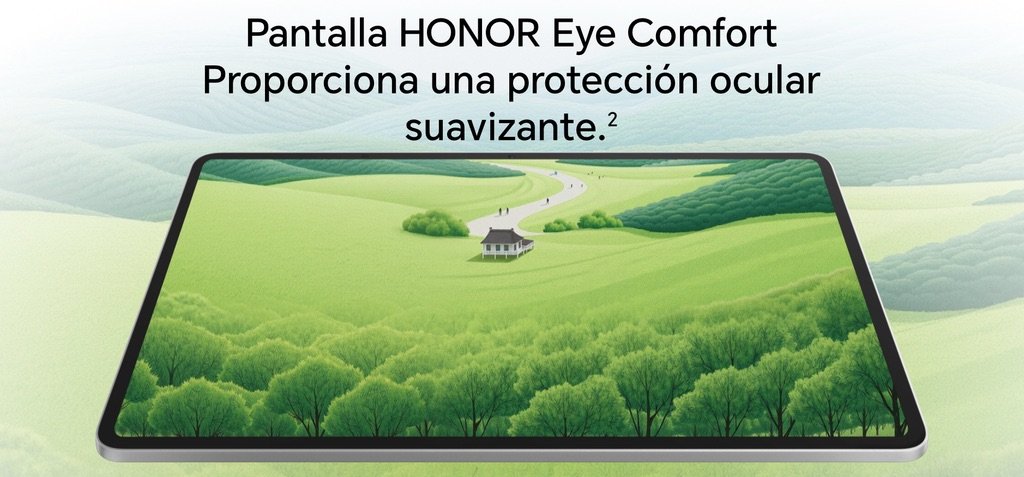 Pantalla de la tablet HONOR Pad 10 mostrando un paisaje verde con tecnología Eye Comfort para proteger la vista