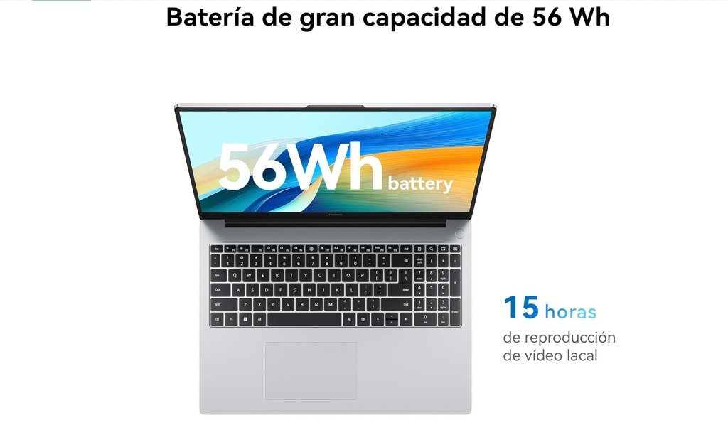 Batería de 56 Wh del Huawei MateBook D16 con hasta 15 horas de autonomía