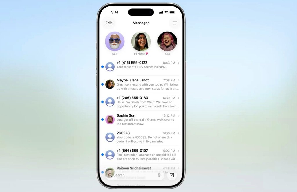 Aplicación Mensajes de iOS 26 con contactos favoritos y nuevo diseño