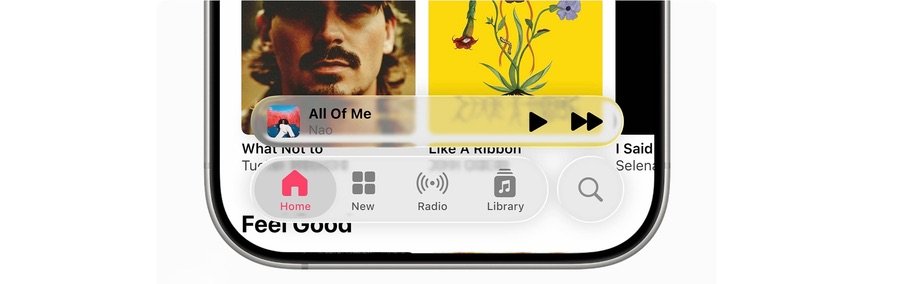 Interfaz Liquid Glass en iPhone mostrando la barra de reproducción musical flotante sobre la app Apple Music