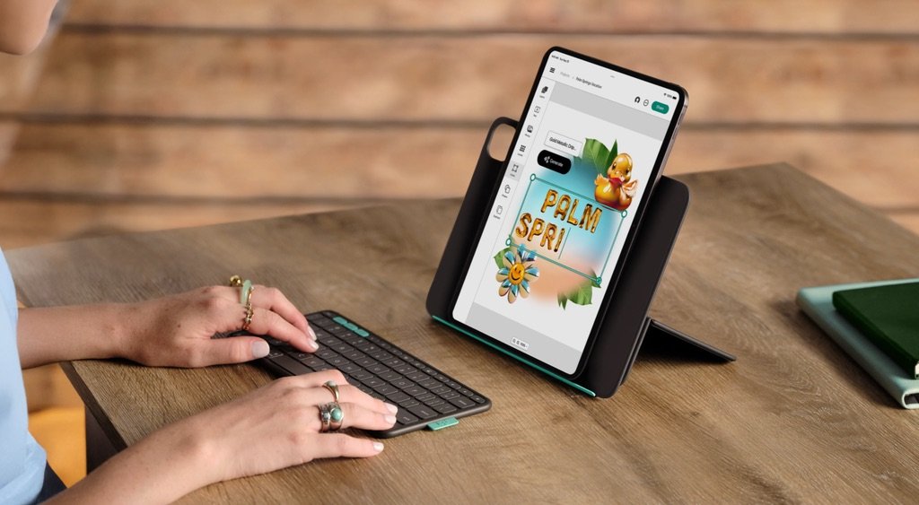 Persona utilizando el Logitech Flip Folio con teclado para iPad, ideal para trabajar y diseñar en movilidad