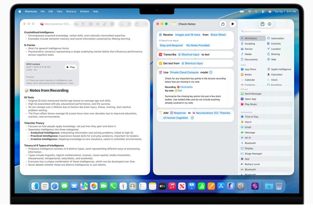 Vista de la app Notas y atajos en macOS Tahoe 26, con transcripción y comandos rápidos
