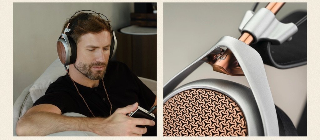 Hombre usando los auriculares Meze POET y primer plano de su diseño metálico en cobre