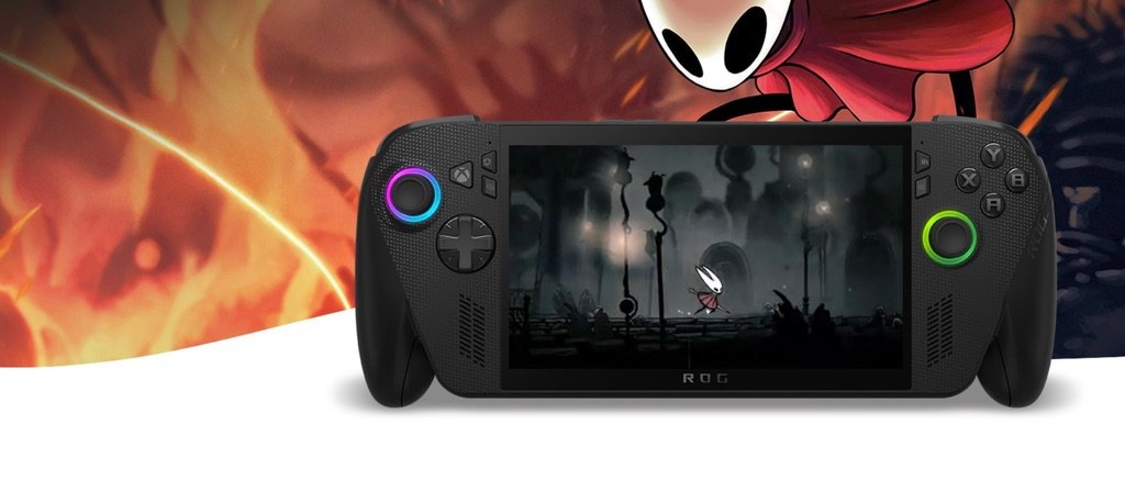 Consola portátil ROG Ally X mostrando el juego Hollow Knight Silksong en pantalla, con diseño ergonómico y joysticks retroiluminados