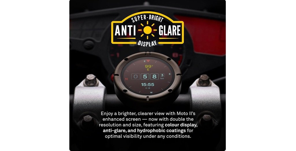 Beeline Moto II montado en manillar de moto con pantalla brillante y sin reflejos