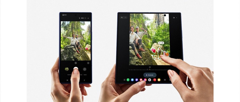Personas usando el Samsung Galaxy Z Fold7 plegado y desplegado para editar fotos