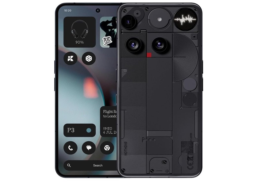 Nothing Phone 3 en color negro con pantalla encendida y parte trasera transparente mostrando triple cámara y sistema Glyph