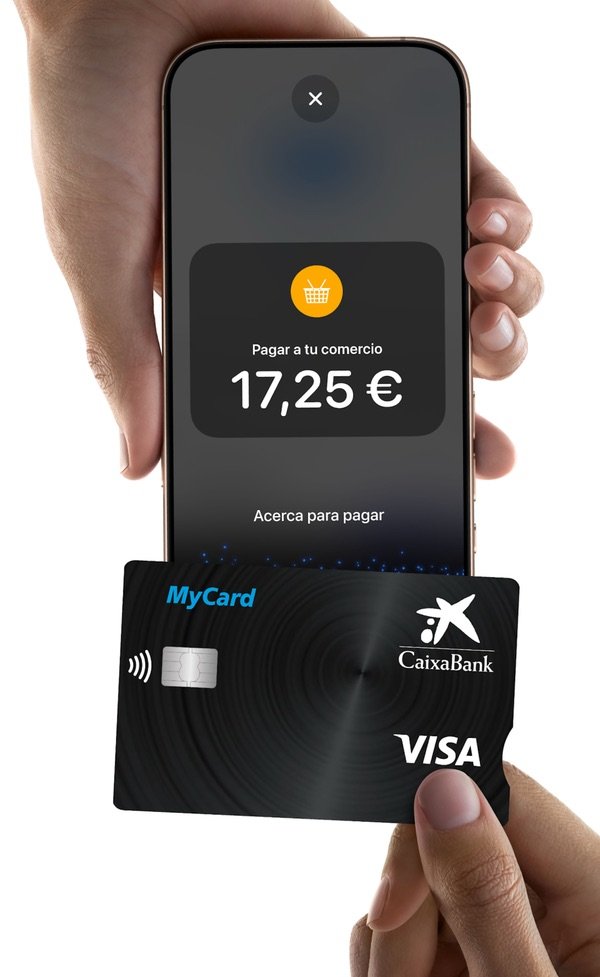Persona pagando 17,25€ con tarjeta CaixaBank contactless usando Tap to Pay en iPhone