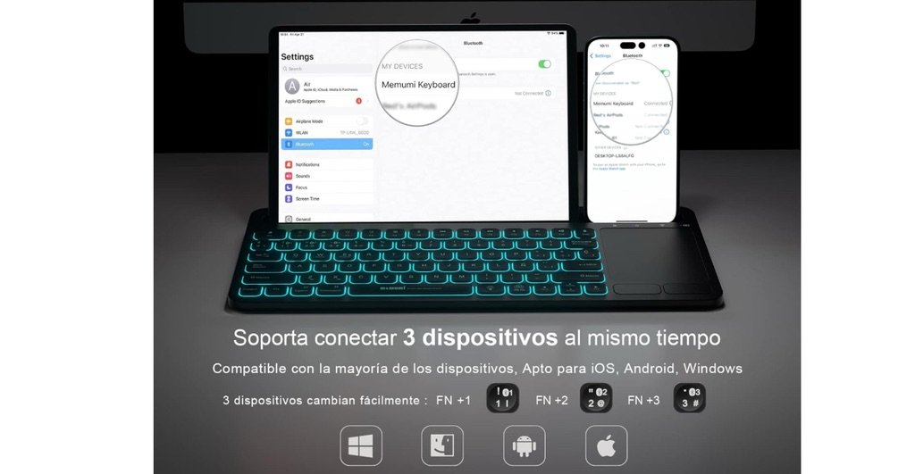 Teclado memumi Bluetooth multidispositivo conectado a iPad, iPhone y Mac