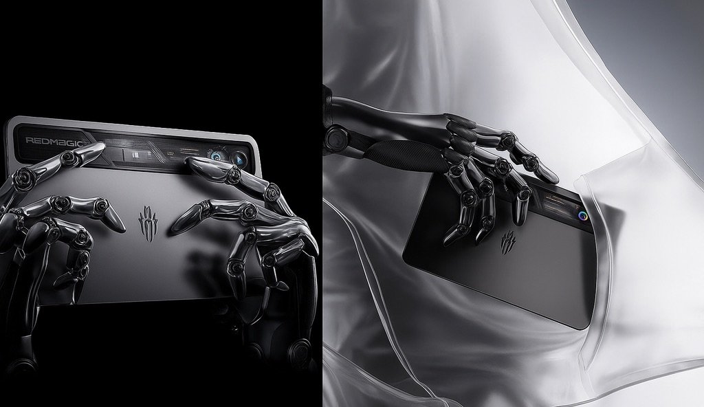 Imagen promocional de la Redmagic Astra Gaming Tablet sostenida por manos robóticas en estilo futurista, vista posterior con diseño gamer