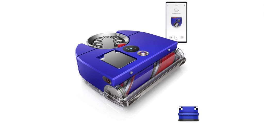 Aspiradora robot Dyson de diseño moderno en color azul, con sistema de cepillo rotatorio y conectividad inteligente vía app móvil