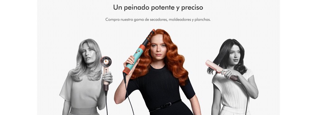Mujeres usando productos Dyson para el cuidado del cabello, incluyendo secador, moldeador y plancha, sobre fondo blanco con texto promocional