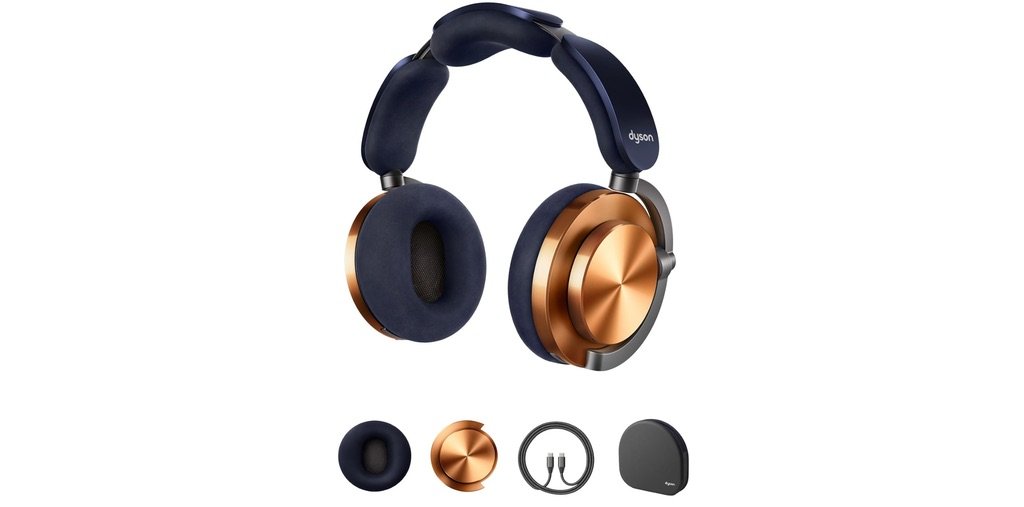 Auriculares inalámbricos Dyson Ontrac en color azul prusia y cobrizo, con cancelación activa de ruido, presentados junto a sus accesorios