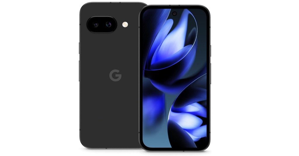 Imagen del Google Pixel 9a en color negro mostrando su pantalla y doble cámara trasera