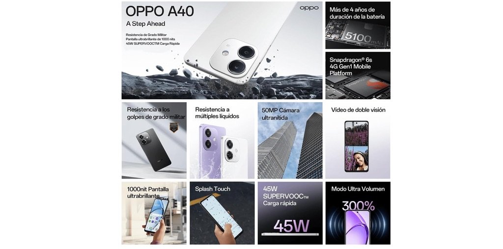 Imagen promocional del OPPO A40 mostrando sus características: cámara 50 MP, batería 5100 mAh, carga rápida 45W y resistencia militar.