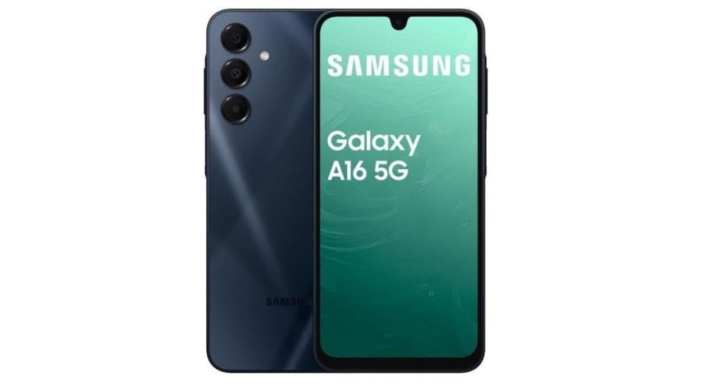 Imagen del Samsung Galaxy A16 5G en color negro con triple cámara trasera y pantalla HD+