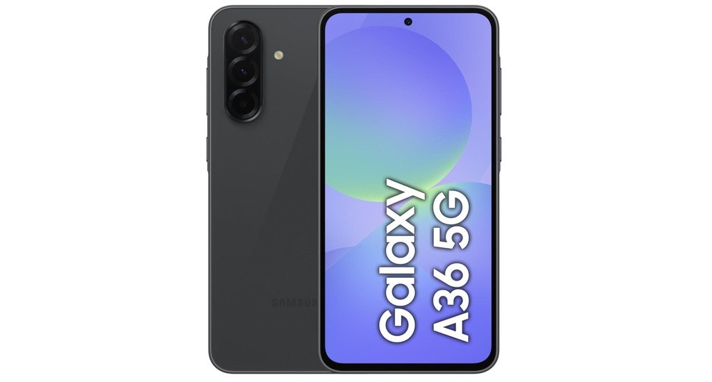 Imagen del Samsung Galaxy A36 5G en color negro con pantalla grande y triple cámara trasera