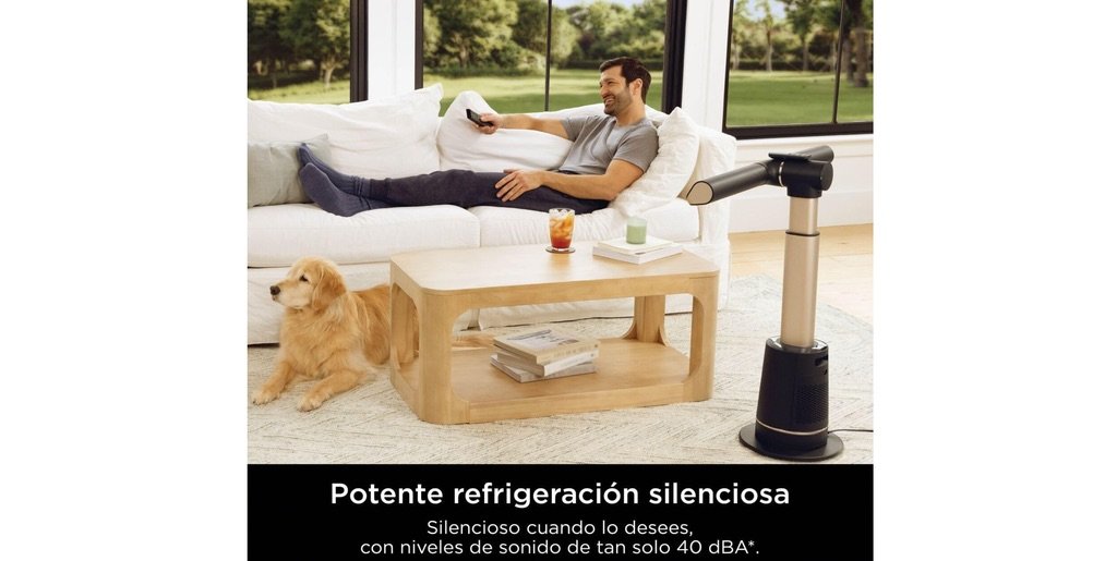 Ventilador Shark Turboblade funcionando en un salón con diseño moderno y refrigeración silenciosa