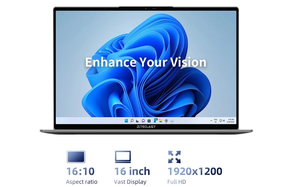 Pantalla de 16 pulgadas Full HD 1920x1200 del portátil TECLAST F16 Air con relación de aspecto 16:10