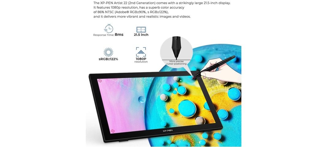 Pantalla de 21,5 pulgadas Full HD de la XP-PEN Artist 22 (2ª generación) con precisión mejorada del lápiz y cobertura de color del 86% NTSC