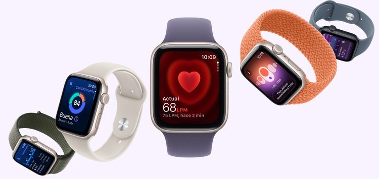 Apple Watch SE 3 mostrado en varios colores y correas con apps de salud y fitness en pantalla