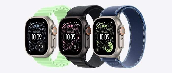 Apple Watch Ultra 3 en colores titanio, negro y azul con nuevas correas y pantalla más grande.