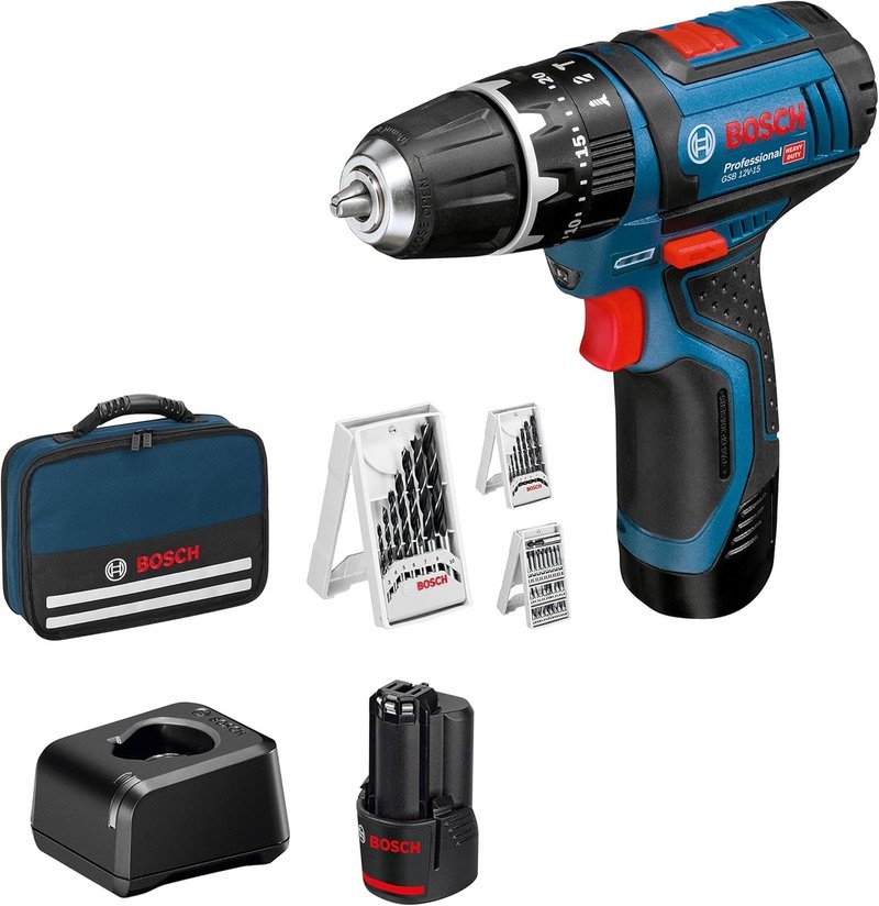 Taladro percutor Bosch Professional GSB 12V-15 con 2 baterías, accesorios y maletín en oferta