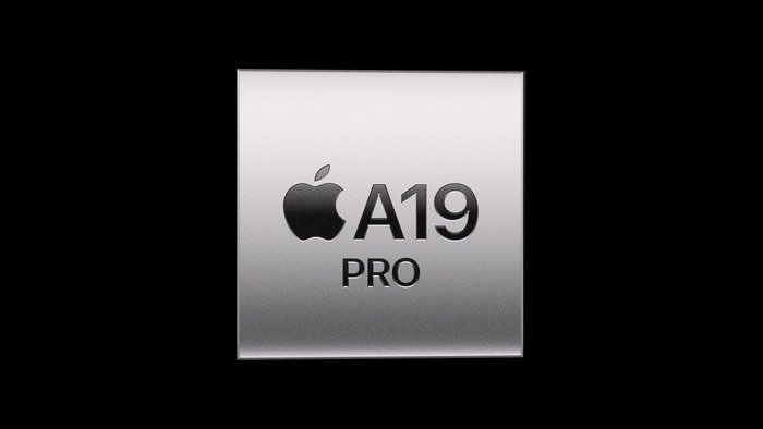 Logotipo del chip Apple A19 Pro en color plateado, el procesador más potente y eficiente integrado en el nuevo iPhone Air