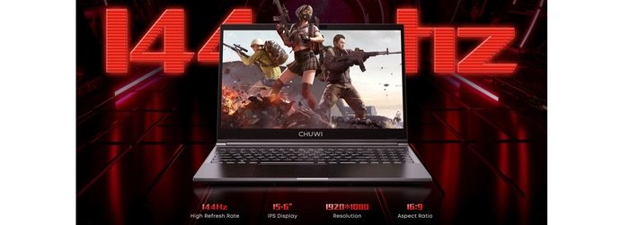 Portátil CHUWI GTBook mostrando videojuego en pantalla con tasa de refresco de 144Hz