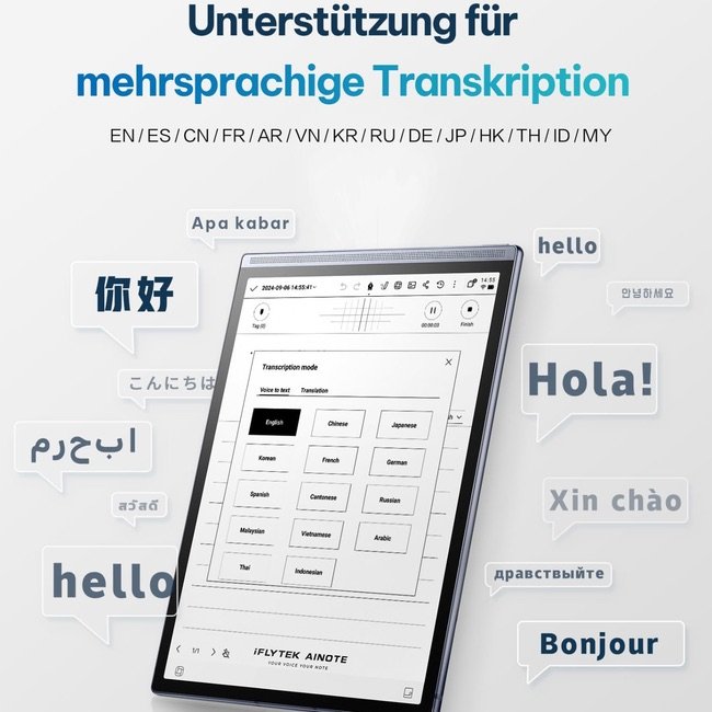 Tableta iFLYTEK AINOTE Air 2 mostrando la función de transcripción y traducción en varios idiomas como inglés, español, francés, chino, japonés y más