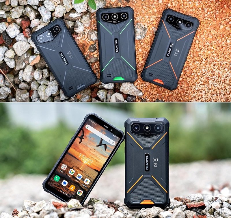 Imagen del OUKITEL G3 en diferentes colores sobre rocas y tierra, móvil rugerizado con Android 14