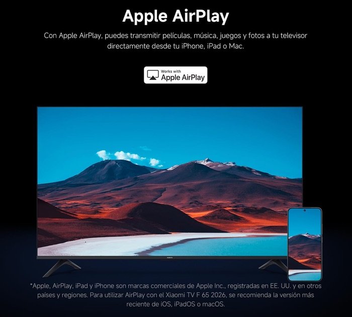 Smart TV Xiaomi TV F65 de 65 pulgadas compatible con Apple AirPlay para enviar películas, música y fotos desde dispositivos iOS y Mac