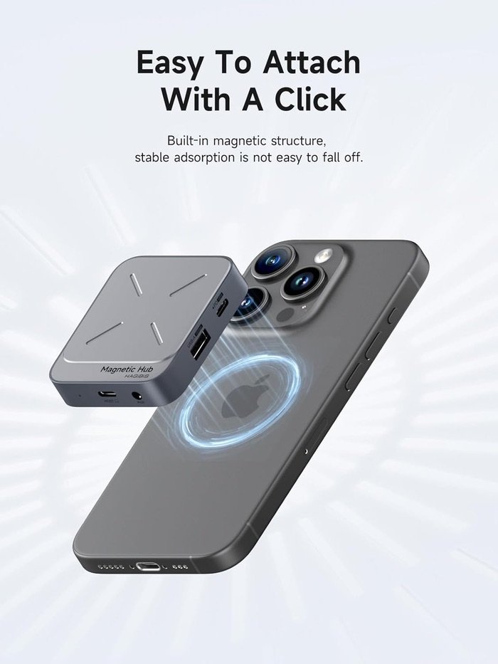 Hub magnético USB-C Hagibis acoplándose al iPhone mediante conexión MagSafe