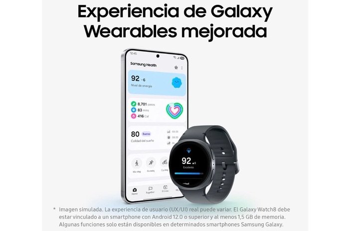 Samsung Galaxy Watch8 sincronizado con Samsung Health mostrando métricas de salud y energía en smartwatch y móvil