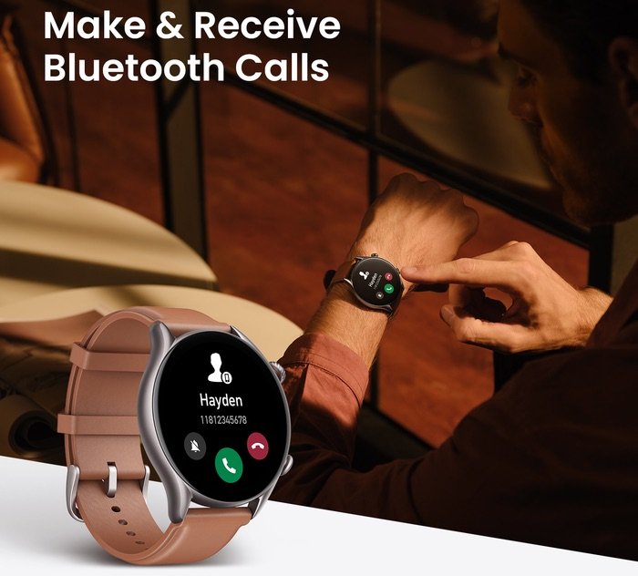 Hombre utilizando el Amazfit GTR 4 New para recibir una llamada Bluetooth, smartwatch con pantalla AMOLED y correa de cuero.