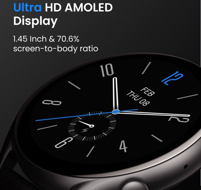 Detalle del Amazfit GTR 4 New mostrando su pantalla Ultra HD AMOLED de 1.45 pulgadas con diseño elegante y esferas analógicas.