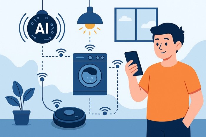 Ilustración plana de un hogar inteligente controlado por inteligencia artificial con electrodomésticos conectados