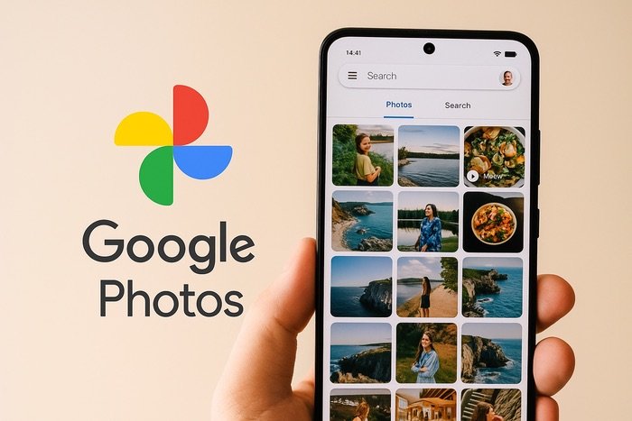 Smartphone mostrando Google Photos con sus herramientas para organizar fotos mediante inteligencia artificial.