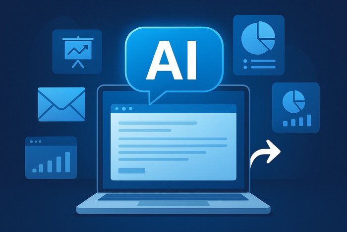 Ilustración sobre cómo la inteligencia artificial ayuda a trabajar más rápido automatizando correos, informes, presentaciones y análisis.