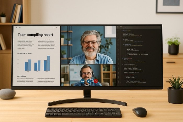 Escritorio con monitor ultrapanorámico mostrando una videollamada, un informe y código en pantalla.