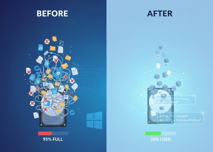 Interfaz de la consola de comandos CMD ejecutando scripts de limpieza de disco en Windows.