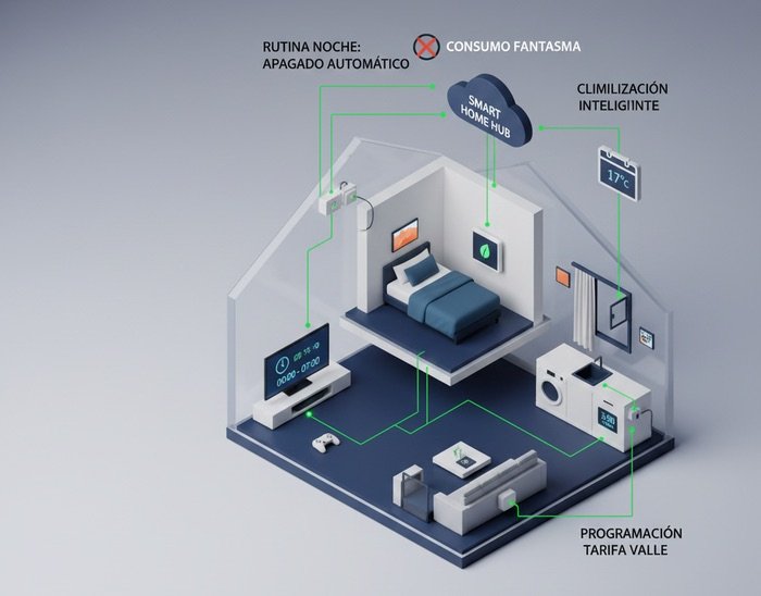 Interfaz gráfica de Smart Home mostrando estadísticas de ahorro de energía y eficiencia en tiempo real en un salón moderno.