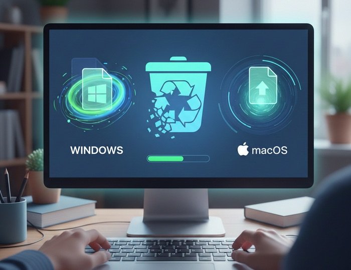 Ilustración técnica que muestra un proceso de recuperación de archivos borrados de la papelera en sistemas Windows y macOS.
