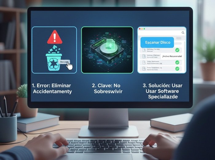 Interfaz de usuario digital mostrando el proceso de restauración de archivos borrados y una papelera de reciclaje digital.