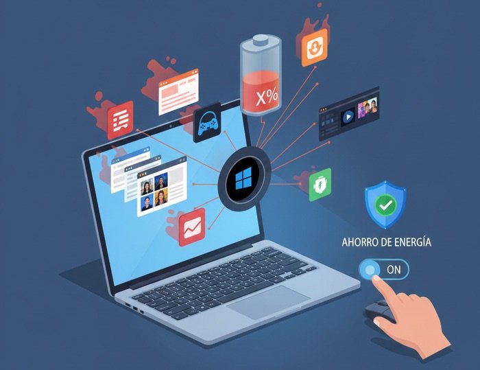 Infografía de un portátil Windows mostrando aplicaciones que consumen batería y el modo ahorro de energía activado.