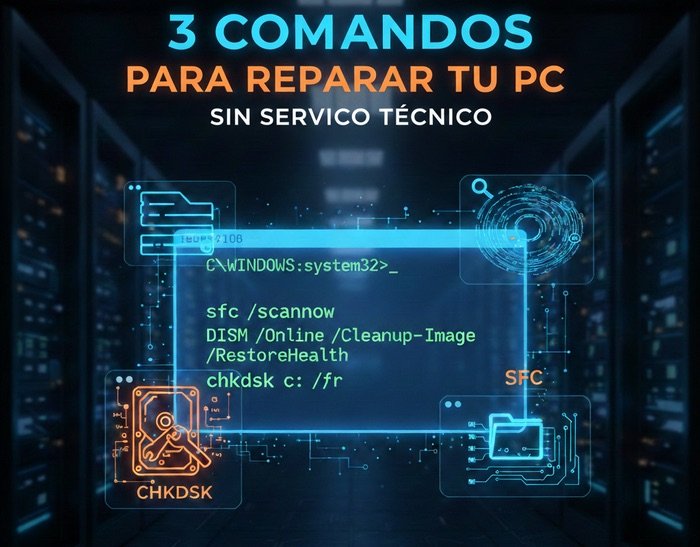 Infografía de 3 comandos de CMD para reparar Windows 10 y 11: SFC, DISM y CHKDSK