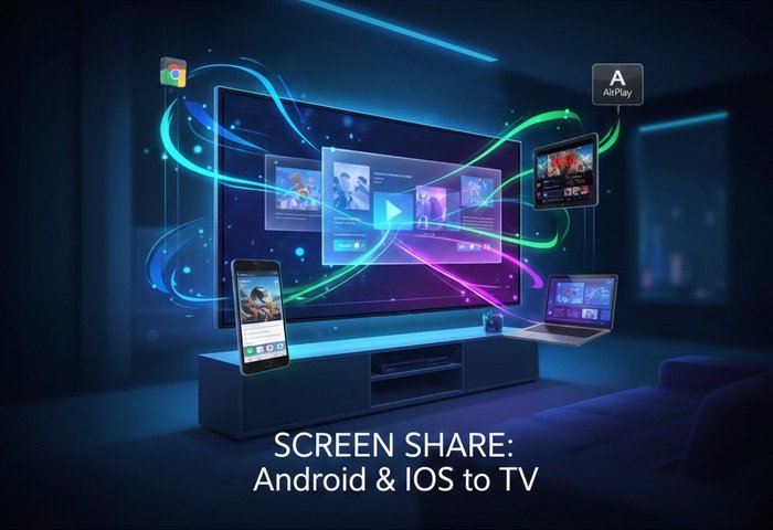 Ilustración técnica que explica cómo compartir contenido desde el móvil o tablet al televisor usando Android y iPhone.